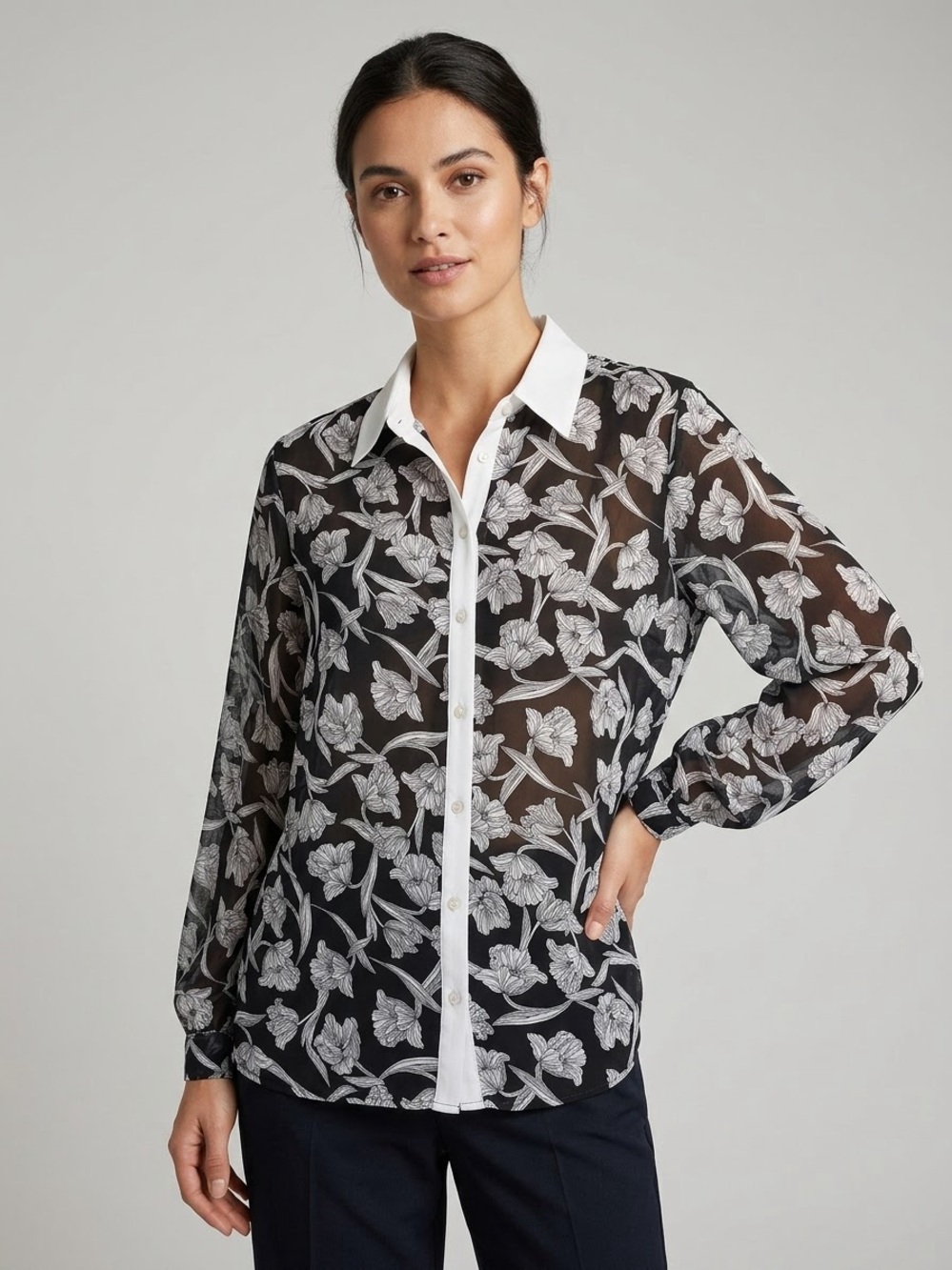 NY Collection Sheer Black Blouse with White Floral Embroidery